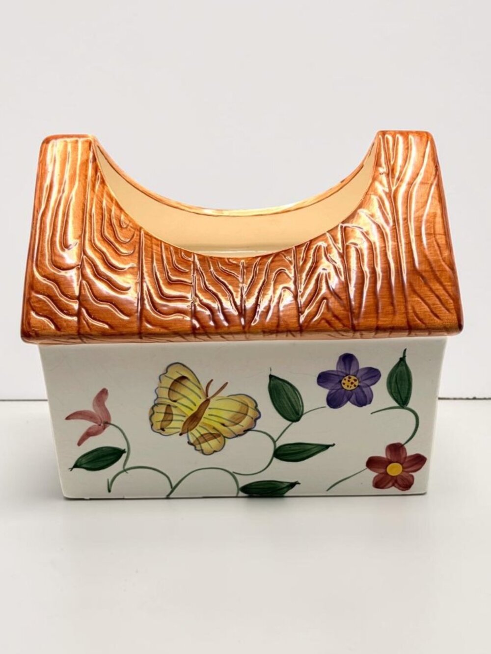 Vintage Ceramic Birdhouse Planter Floral Butterfly Ladybug Cottage Decor 7"